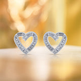 Elegant Heart-shaped Channel Baguette Stud Earrings in 18k White Gold over Silver