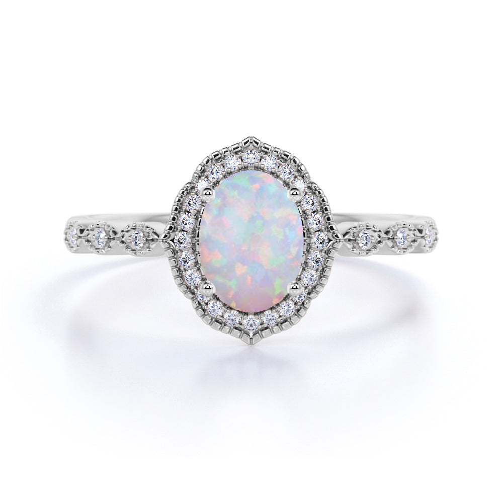 1.75 Ct Oval Cut Lab Created Opal Vintage Engagement Ring