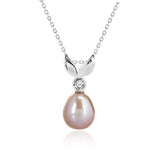 Pink Pearl Necklace Pendant with Moissanite Bezel Leaf Design in 18K White Gold over Silver