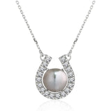 8mm Grey Pearl Necklace Moissanite Horseshoe Pendant  in 18K White Gold over Silver
