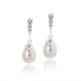 White Pearl Earrings with Three Stones Moissanite in 18K White Gold over Silver