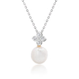 Genuine 8mm Pearl Necklace Pendant and Moissanite Magnolia for Women in 18K White Gold over Silver