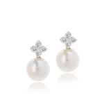 Genuine 8mm White Pearl Earrings and Moissanite Magnolia for Women in 18K White Gold over Silver