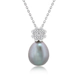Natural Grey Pearl Necklace Pendant with Four-Leaf Clover Moissanite in 18K White Gold over Silver