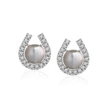 6 mm Grey Pearl Earrings Horshoe Moissanite in 18K White Gold over Silver
