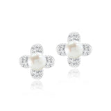 6 mm Natural White Pearl Earrings and Moissanite Flower for Women in 18K White Gold over Silver