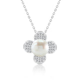 9 mm Natural Pearl Necklace Pendant and Moissanite Flower in 18K White Gold over Silver