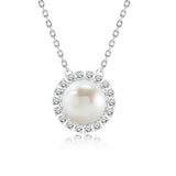Floating Moissanite Halo 8 mm White Pearl Necklace Pendant in 18K White Gold over Silver