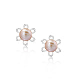 Dainty Horseshoe Flower Pink Pearl Earrings for Women in 18K White Gold over Silver