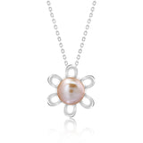 Dainty Horseshoe Flower Pendant Single Pearl Necklace in 18K White Gold over Silver