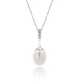 White Pearl Necklace Pendant with Three Stones Moissanite in 18K White Gold over Silver