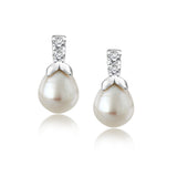 White Pearl Earrings with Whale Tail Design Moissanite  in 18K White Gold over Silver