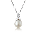 White Pearl Necklace with Whale Tail Pendant Moissanite  in 18K White Gold over Silver