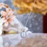 Elegant Grey Akoya Pearl and Princess Cut Diamond with Prongs Pendant Necklace in 18K White Gold over Silver