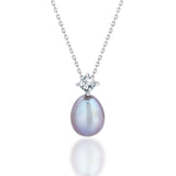 Elegant Grey Akoya Pearl and Princess Cut Diamond with Prongs Pendant Necklace in 18K White Gold over Silver