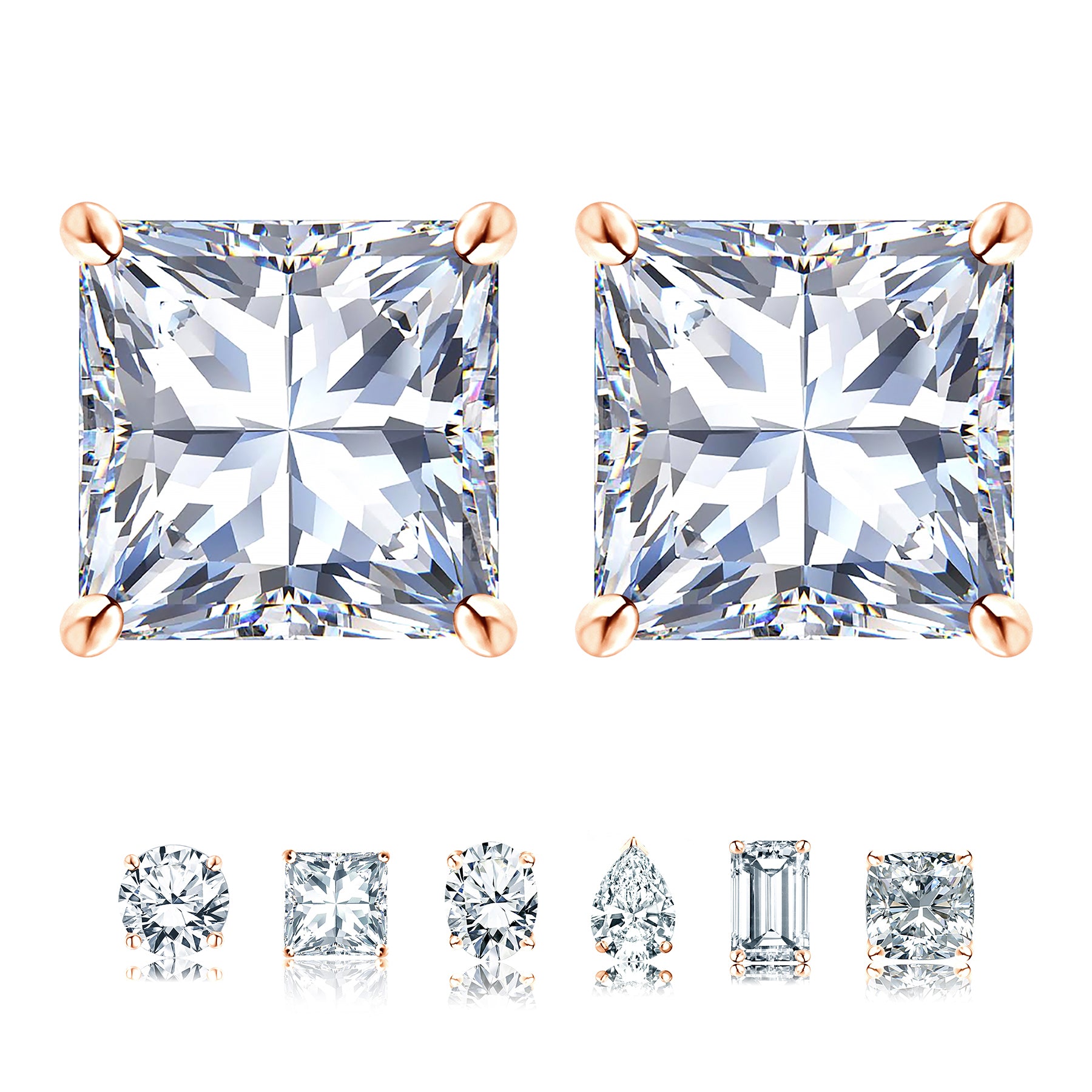 Certified - 4 Prong - 1 Carat Princess Cut Moissanite - Solitaire Stud Earrings - 18K Rose Gold Plating Over Silver