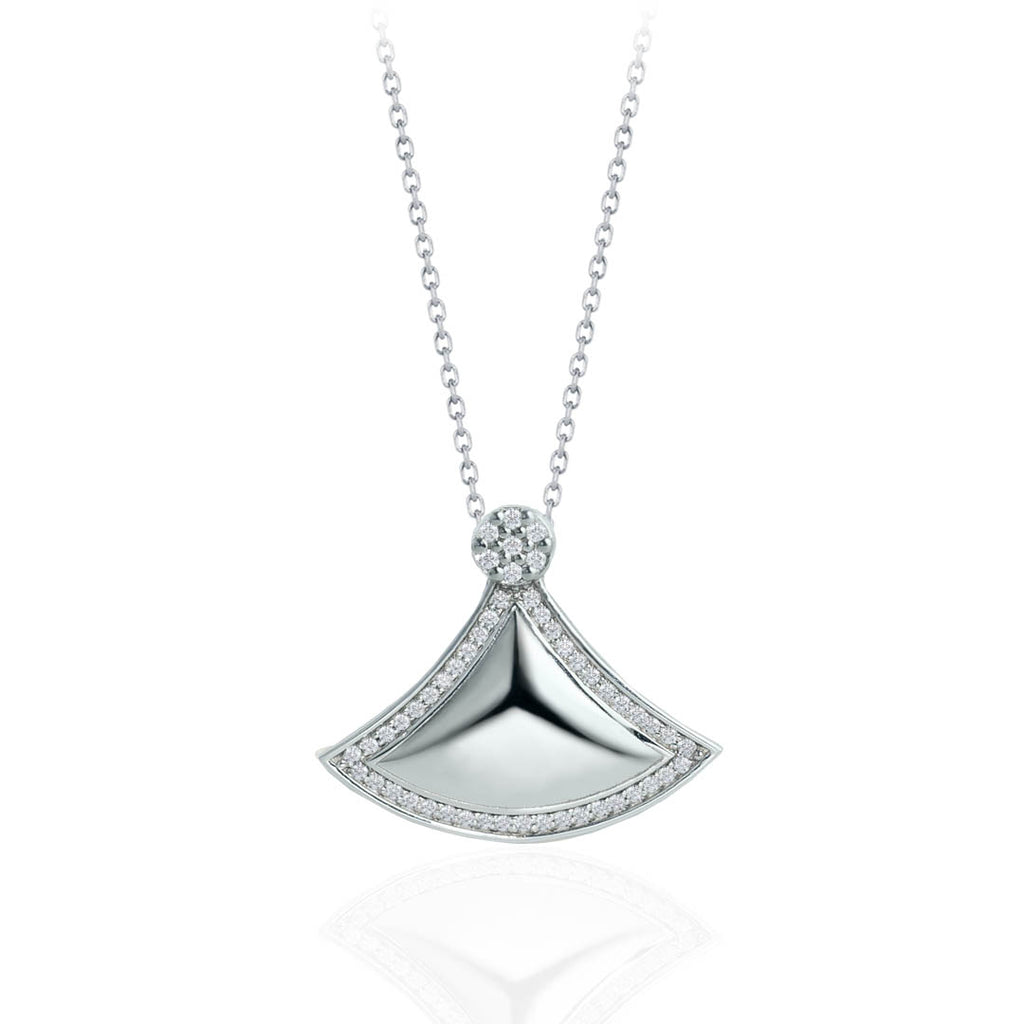 Triangular Fan Shaped Pave Setting Diamond Pendant Necklace in 18K White Gold over Silver