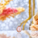 Delicate Pink Akoya Pearl and Round Cut Diamond with Prongs Pendant Necklace in 18K White Gold over Silver