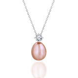Delicate Pink Akoya Pearl and Round Cut Diamond with Prongs Pendant Necklace in 18K White Gold over Silver