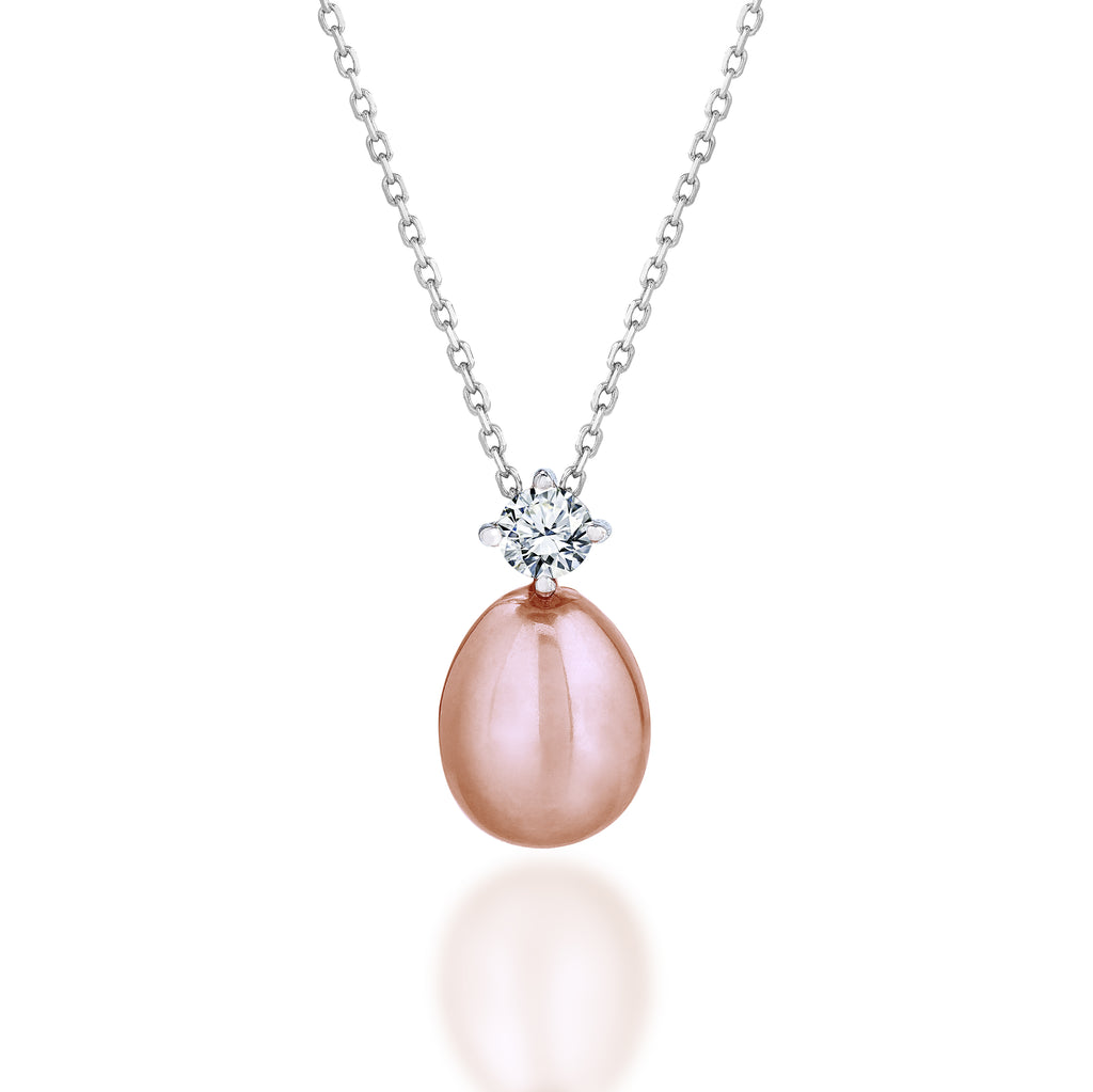 Delicate Pink Akoya Pearl and Round Cut Diamond with Prongs Pendant Necklace in 18K White Gold over Silver