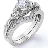 Engraved .68 Carat Round Cut Real Diamond Victorian-Inspired Wedding Ring Set with Chevron Wedding Band in 10k White Gold