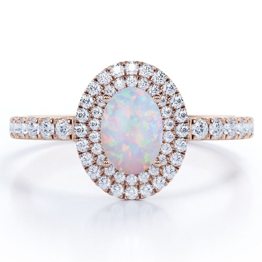 1.75 Carat Egg Shape Ethiopian Opal and Moissanite - Pave Set - Double Halo Cluster Engagement Ring - 18K White Gold Plating over Silver