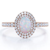 1.75 Carat Egg Shape Ethiopian Opal and Moissanite - Pave Set - Double Halo Cluster Engagement Ring - 18K White Gold Plating over Silver