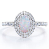 1.75 Carat Egg Shape Ethiopian Opal and Moissanite - Pave Set - Double Halo Cluster Engagement Ring - 18K White Gold Plating over Silver