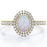 1.75 Carat Egg Shape Ethiopian Opal and Moissanite - Pave Set - Double Halo Cluster Engagement Ring - 18K White Gold Plating over Silver