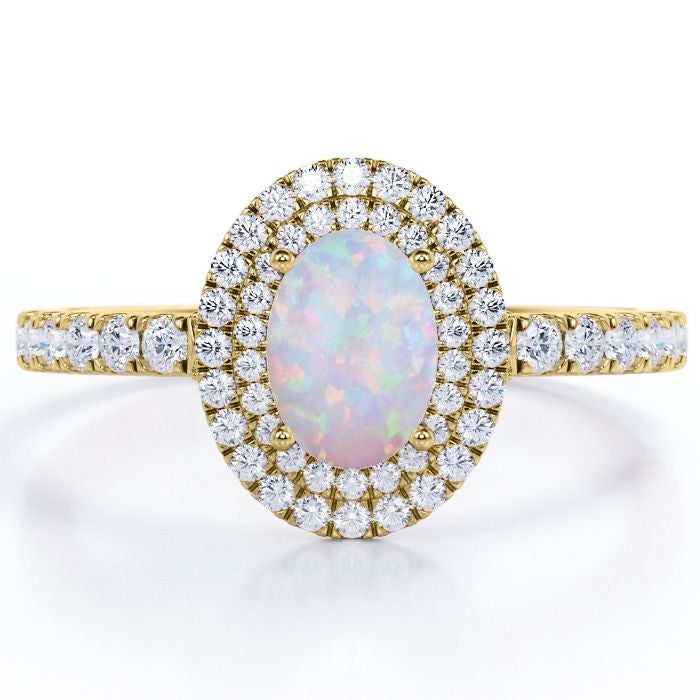 1.75 Carat Egg Shape Ethiopian Opal and Moissanite - Pave Set - Double Halo Cluster Engagement Ring - 18K White Gold Plating over Silver