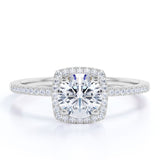 Cushion Halo Design 1.75 Carat Round Cut Moissanite Pave Prong Set Engagement Ring In 18K White Gold Plating Over Silver