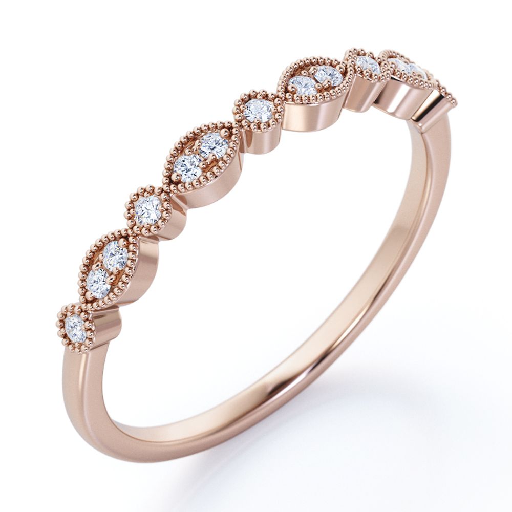 Art Deco - 0.25 Carat Round Brilliant Cut Moissanite - Milgrain Filigree Wedding Band - 18K White Gold Plating over Silver