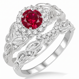 Unique 1.25 Carat Round Cut Real Sapphire (or) Lab Ruby and Moissanite Bridal Wedding Ring Set with Engagement Ring and Wedding Band in 18k White Gold Over Silver