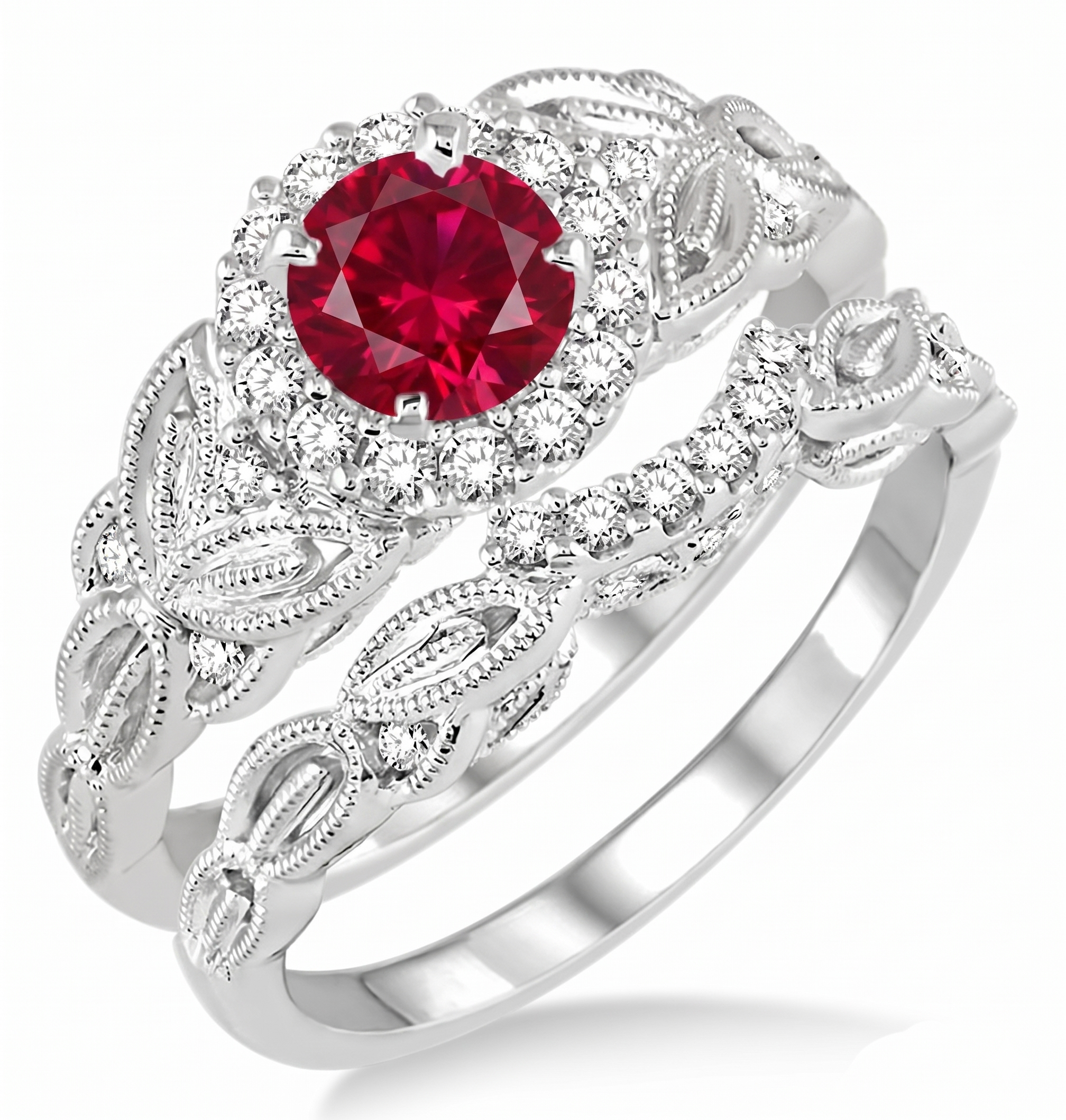 Unique 1.25 Carat Round Cut Real Sapphire (or) Lab Ruby and Moissanite Bridal Wedding Ring Set with Engagement Ring and Wedding Band in 18k White Gold Over Silver