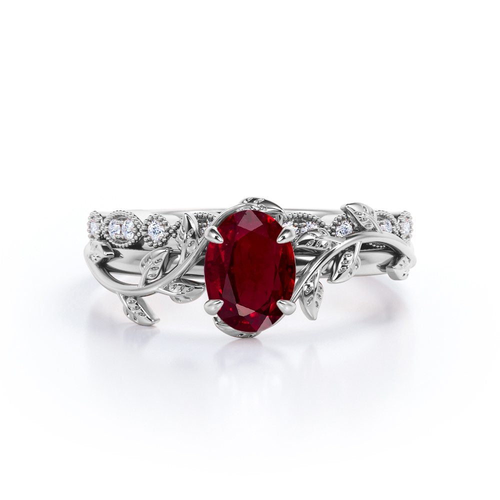Vintage 1.15 ct Oval Lab-Created Ruby Vine Wedding Set