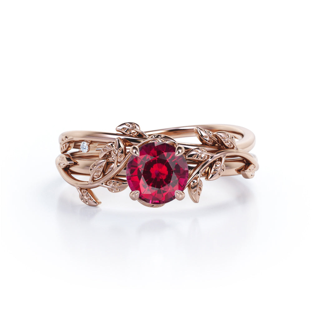 Nature Inspired 1 ct Round Lab-Created Ruby Wedding Set