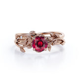 Nature Inspired 1 ct Round Lab-Created Ruby Wedding Set