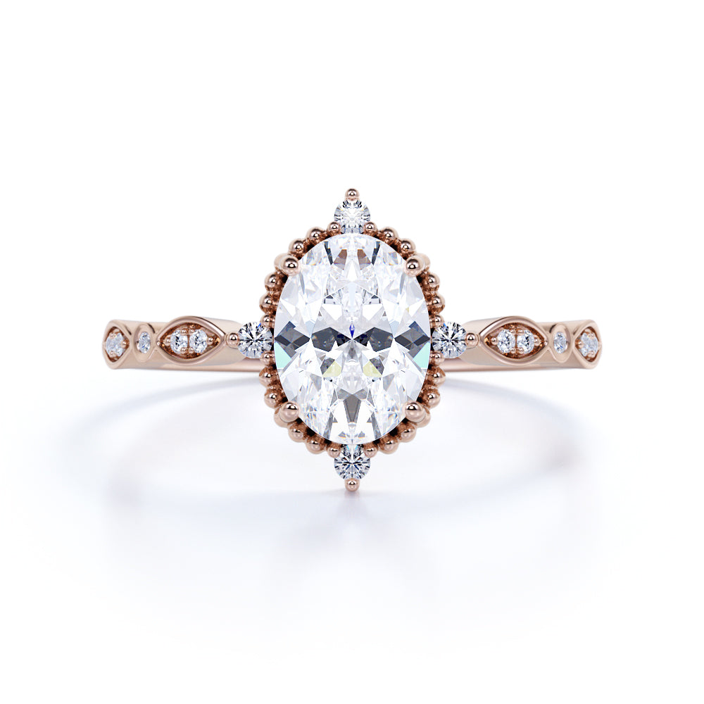 Vintage Filigree Bezel 1.25 Carat Oval Shape Moissanite 5-Stone Milgrain Decorative Engagement Ring In 18K Yellow Gold Plating Over Silver