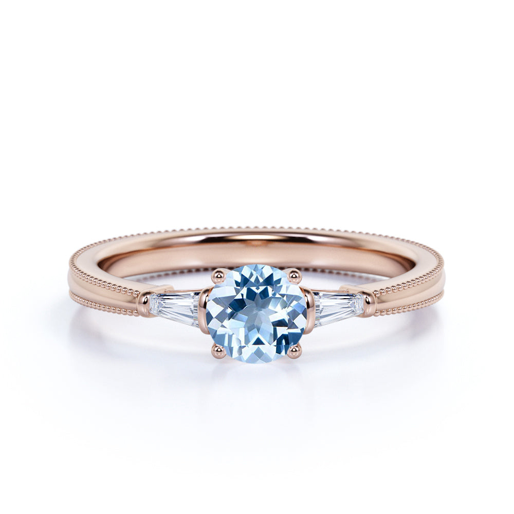 1.10 carat Round Sky Blue Created Aquamarine 3 Stone Simple Engagement Ring in 18k Yellow Gold over Silver