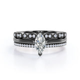 2 Prong Pave Set - 2 Carat Cubic Zirconia Marquise Cut - Art Deco Milgrain Filigree - Solitaire Engagement Ring - Trio Bridal Ring Set - 18K White Gold Plating over Silver
