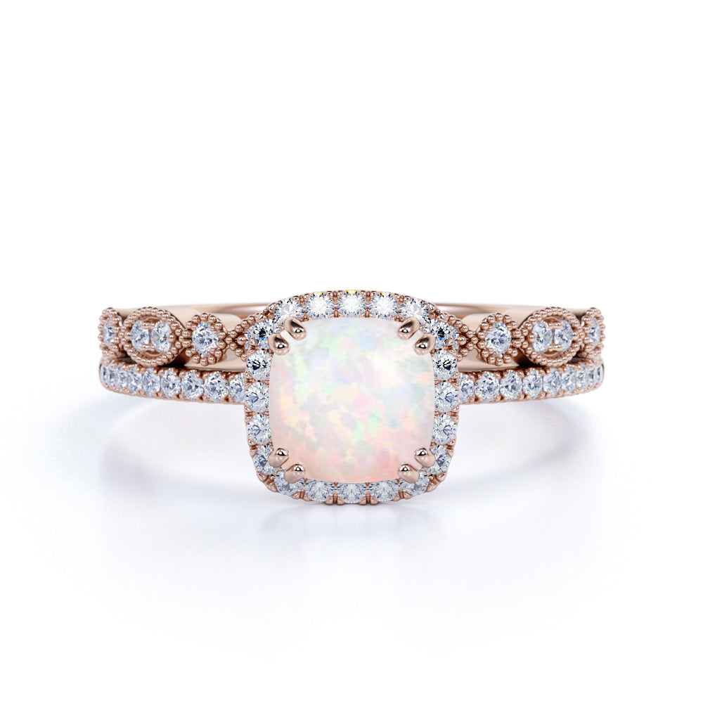 1.50 Ct Cushion Cut Lab Created Opal Vintage Wedding Ring Set