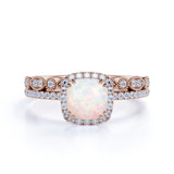 1.50 Ct Cushion Cut Lab Created Opal Vintage Wedding Ring Set