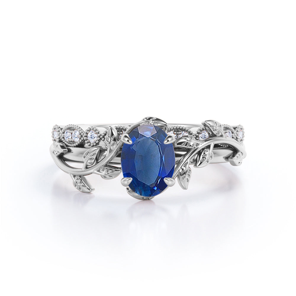 Vintage 1.15 Ct Oval Cut Lab Sapphire Wedding Ring Set