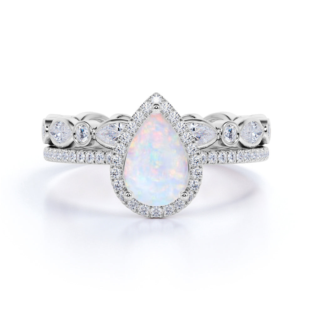 1.75 Ct Pear Cut Lab Created Opal Halo Wedding Ring Set