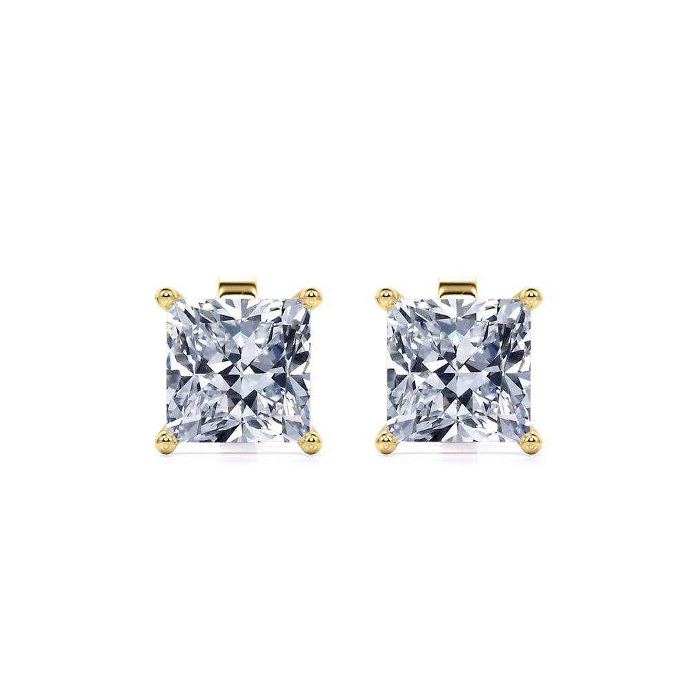 Certified - 4 Prong - 3 Carat Princess Cut Moissanite - Solitaire Stud Earrings - 18K White Gold Plating Over Silver