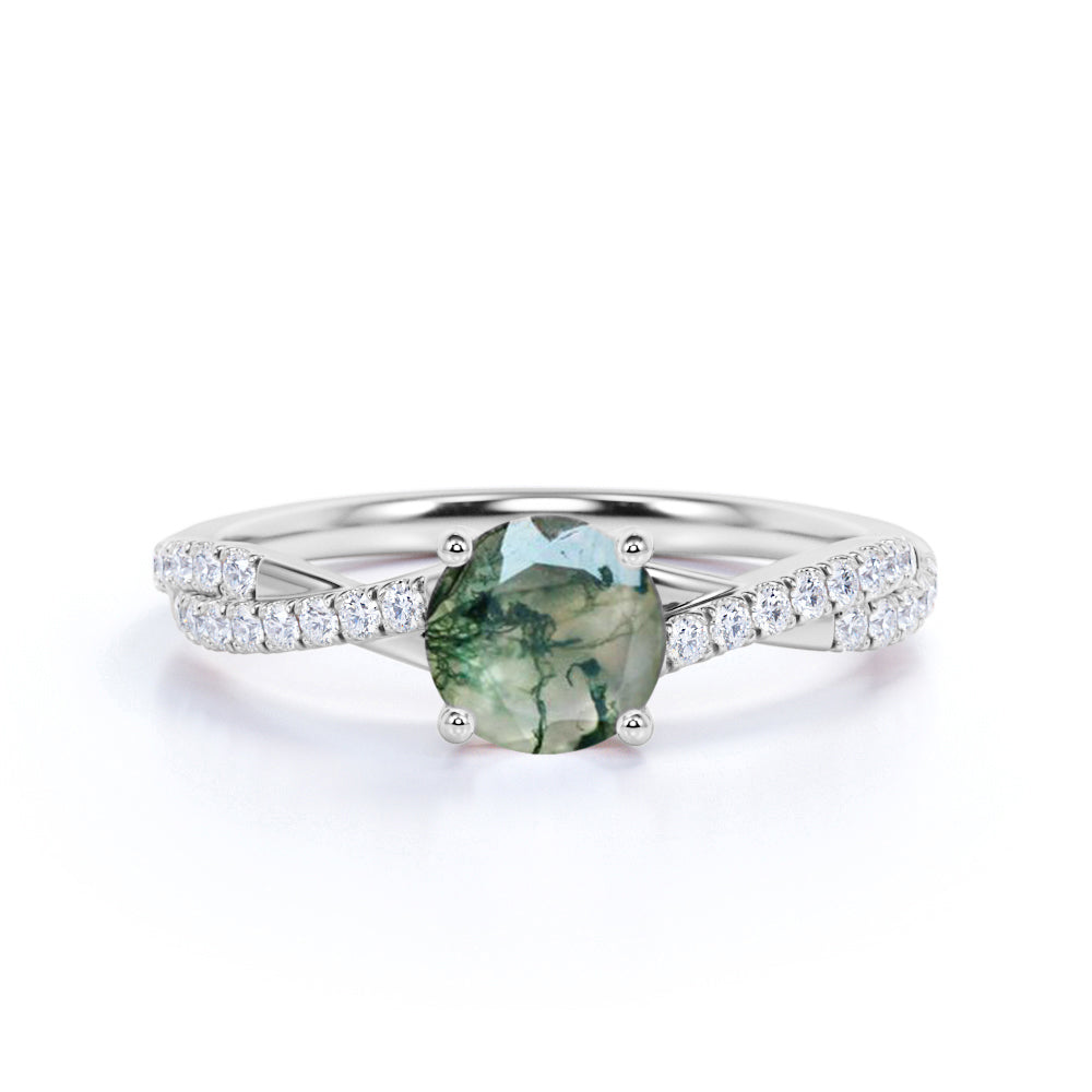 Infinity 1.25 Ct Round Moss Agate Twisted Engagement Ring