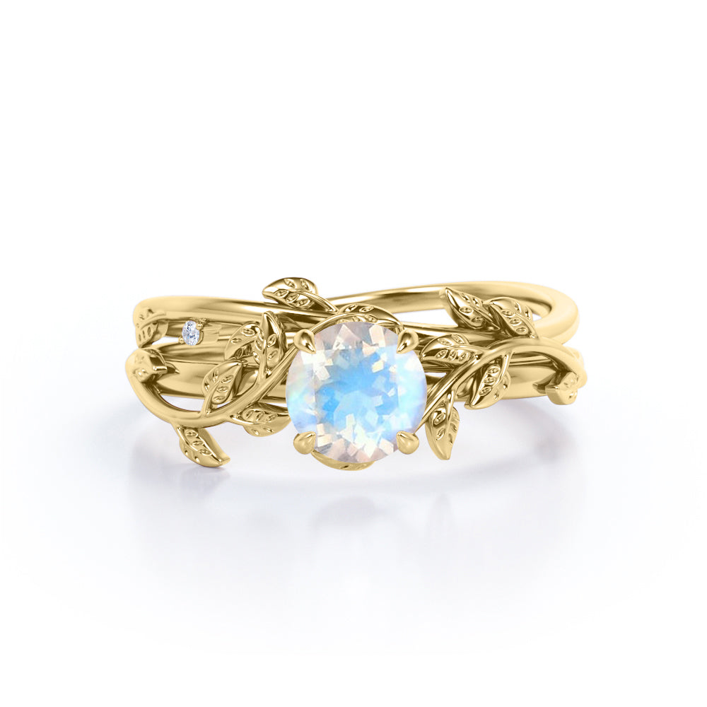 0.5 ct Round Blue Moonstone Leaf Style Wedding Set