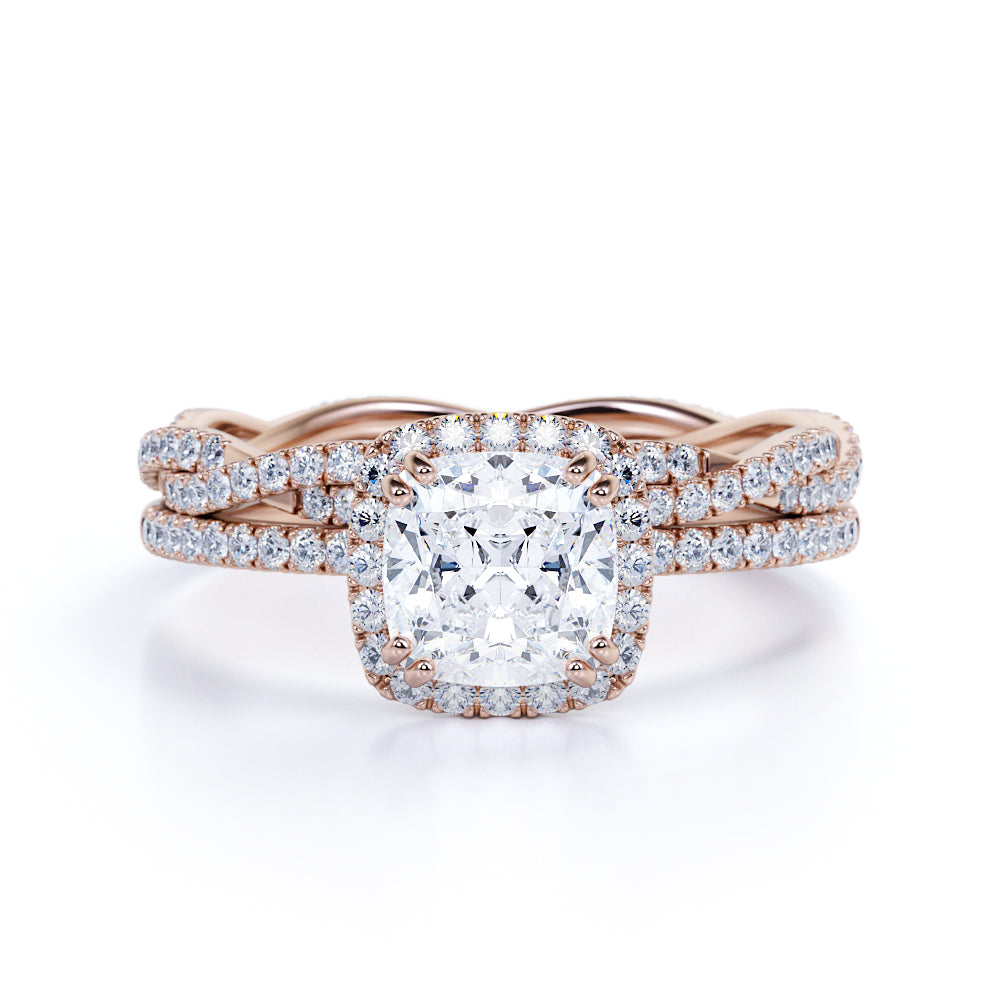 Pave 2 Carat Cushion Cut Moissanite Halo Bridal Set