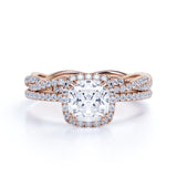 Pave 2 Carat Cushion Cut Moissanite Halo Bridal Set