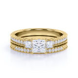 1.25 ct - Princess Cut Moissanite - Pave - Three Stone Ring - Victorian Style - Vintage Wedding Ring Set